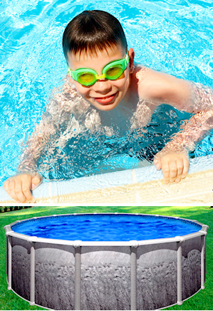 Round above-ground pool with a wraparound composite deck and safety ladder