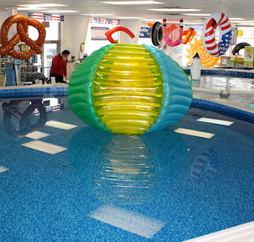 Pool liner samples and color swatches arranged on a display wall inside the store