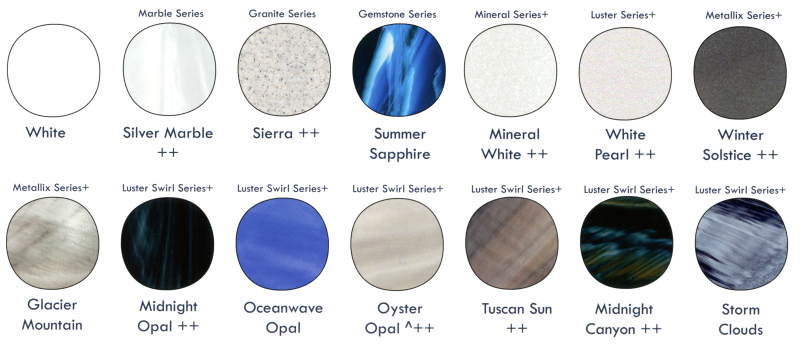 Tropic Seas spa shell color options including blue, grey, sandstone, and midnight